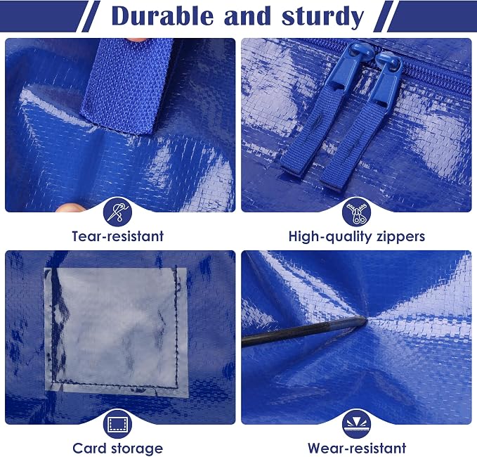 6 Pack Moving Bags with Full-Open Side Zipper, Extra Large 93L Heavy Duty Waterproof Foldable Storage Totes for College Dorm, Moving & Home Organization,Blue