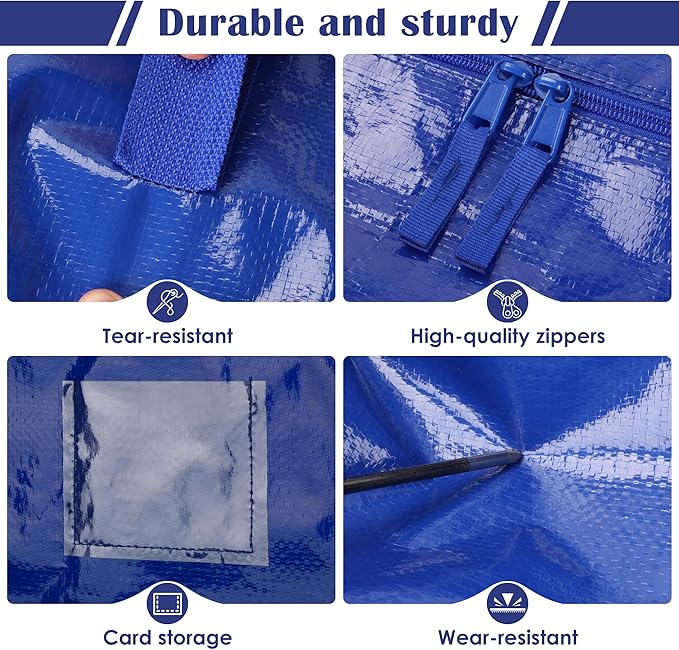 12 Pack Moving Bags with Full-Open Side Zipper, Extra Large 93L Heavy Duty Waterproof Foldable Storage Totes for College Dorm, Moving & Home Organization Blue