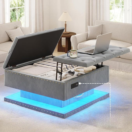 Large Square Ottoman with Storage, Square Storage Ottoman Coffee Table | Coffee Table Storage Ottoman Bench with Lift Top and Two Tier Drawers, LED Ottoman Bench with Charging Station, Gray
