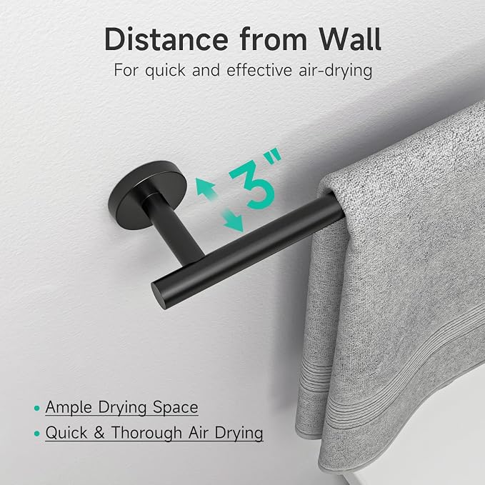 USHOWER 2-Pack Matte Black Towel Bar, 24-Inch Towel Racks for Bathroom | Thicken SUS304 Stainless Steel Towel Rod, Towel Holder Wall-Mounted, Modern Home Decor (Total Length 26-Inch)