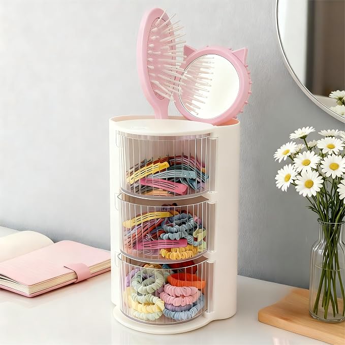 Hair Accessories Organizer with Hair Brush Holder(Stripe White, 3-Layer) | Rotatable Makeup Brush Holder for Necklaces, Earring, Bracelet, Ring, Makeup Brushes, Hair Clip and Hair Accessories