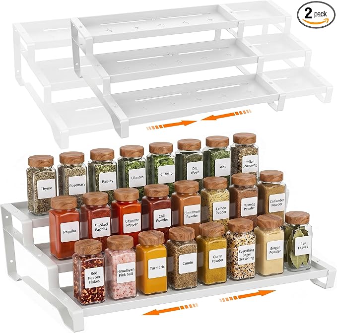 2 Pack Spice Rack Organizer for Cabinet, 13-21.5" Expandable Spicy Shelf | 9.45" Wide 3-Tier White Metal Seasoning Organizer, Kitchen Spice Organization, Slip-Resistant Guardrails for Jars and Cans