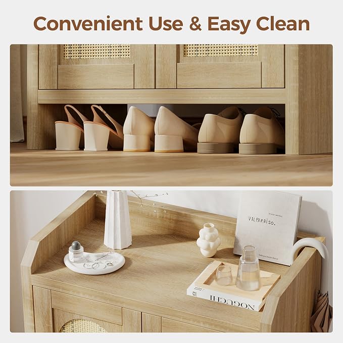 Shoe Cabinet Storage for Entryway, Natural Rattan Shoe Storage Cabinet, Wooden Shoe Rack Cabinet, Farmhouse Boho Wood Shoe Organizer Cabinet for Hallway