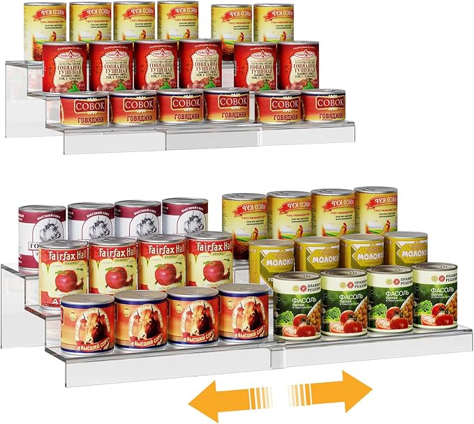 Expandable Clear Acrylic Can Organizer for Pantry, 3-Tier, Holds 24 Cans | Adjustable Can Storage Holder, Soda Can Dispenser Shelf, Canned Goods Display for Cabinets & Countertops (Patent Pending)