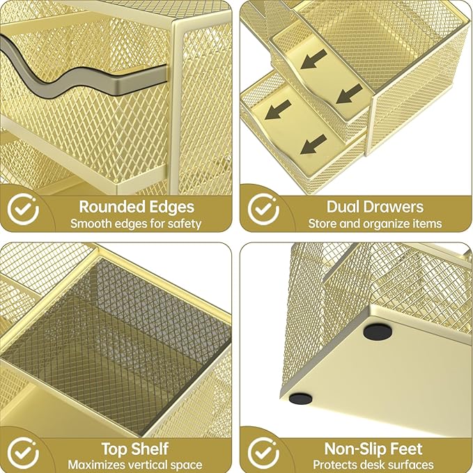 Mesh Desk Organizer with 2 Drawers, Metal Pen Holder for Desk, Gold | Versatile Storage for Pens, Notes, Clips, Desk Accessories and Office Supplies for School Office Classroom
