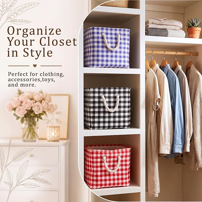 6 Pack Gingham Storage Bins, 11 Inch Cube Fabric Storage Baskets | Foldable Fabric Cube Baskets with Reinforced Handle,Checkered Classroom Storage Bins, for Shelves, Closets, Room Organization