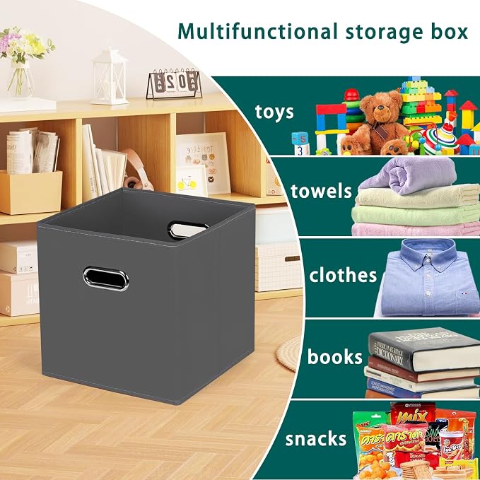 Black Foldable Storage Cubes Bins, Fabric Storage Box Cubes Organizer Baskets with Dual Handles for Home Organizer,Set of 6,(Gray)
