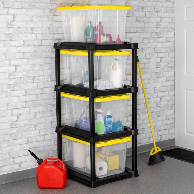 Sterilite 4-Tier Tote Rack & 4-Pack 27 Gallon Storage Box, Shelf and Tote Organizers - Plastic Shelving Unit and Container Bins for Bathroom, Garage, Pantry, Bookshelf, and Bedroom Organization