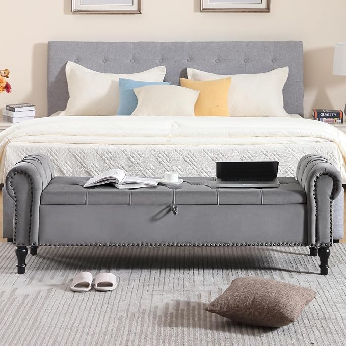 Velvet Storage Bench 67 Inch Upholstered Tufted Ottoman Bench with Rolled Arms Large Storage Space King Size End of Bed Bench for Bedroom Living Room Entryway Grey