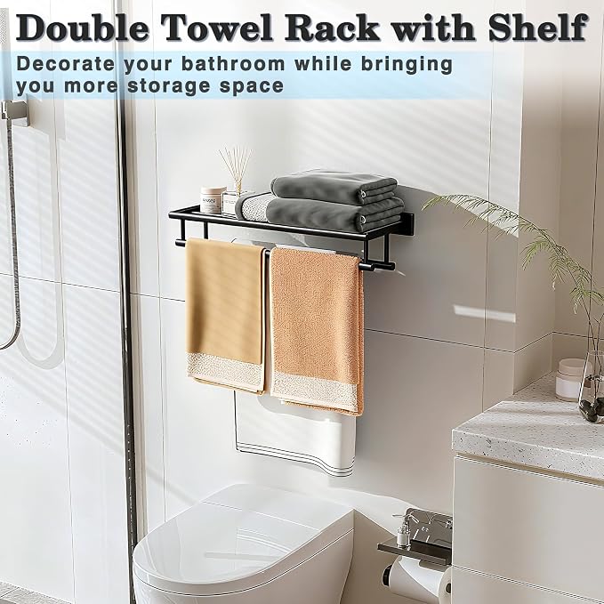 Alise Towel Rack for Bathroom Wall Mount,Double Towel Bars for Bathroom,28 Inch Bathroom Towel Holder Double Towel Bars with Shelf,SUS304 Stainless Steel Towel Hanger for Bathroom Walls,Matte Black | Bathroom Tower Holder Towel Shelf with Double Towel ...
