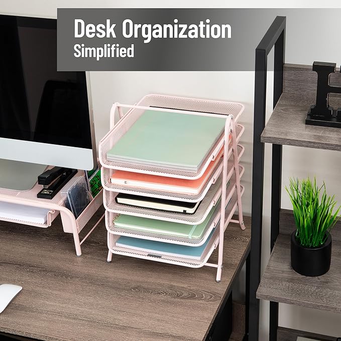 Mind Reader 5-Tier Paper Tray Organizer, Vertical Desktop File Storage Rack, Office, Metal Mesh, Pink