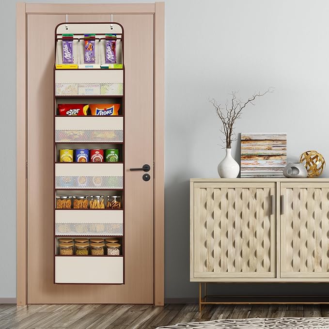 Univivi Fabric Over Door Hanging Organizer for Baby Nursery, Beige, 6-Shelf | Door Storage with Large Capacity Breathable Mesh Pockets, Over the Door Organizer for Baby Essential, Bedroom and Dorm
