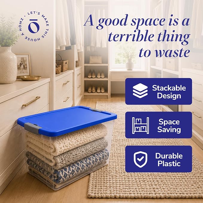 HOMZ Clear Plastic Storage Bin with Secure Latching Blue Lid, 64 Qt, 2 Pack | Heavy-Duty Stackable Containers, Large Organizer Box for Homes, Offices, and Garages