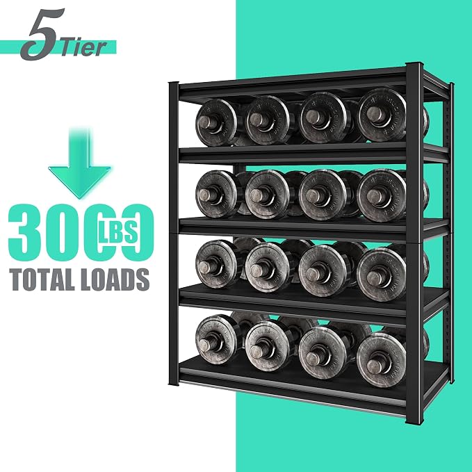 48" W Garage Shelving Heavy Duty, 3000LBS Loads Adjustable Garage Storage Shelves,5-Tier Metal Storage Racks and Shelving Units, Utility Rack Shelves,48" W x 24" D x 78" H,Black