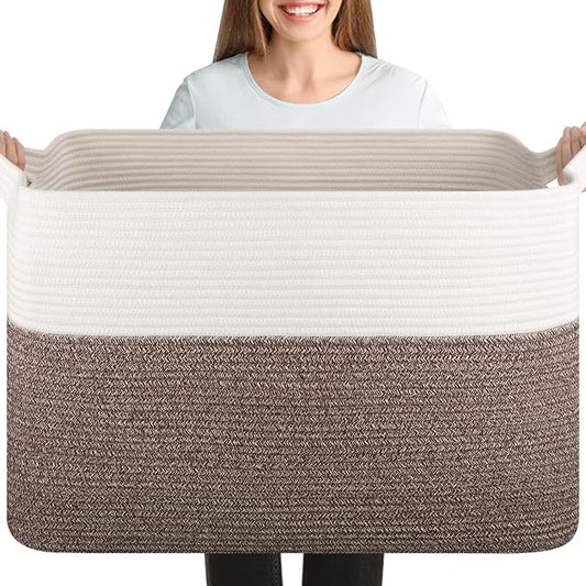 OIASKET 108L Cotton Rope Storage Basket for Living Room and Bedroom 25"x16"x16" Woven Laundry Basket, Heavy Duty Bin for Blankets, Pillows & Toys, Pet-Safe & Scratch-Free, Dark Brown and White
