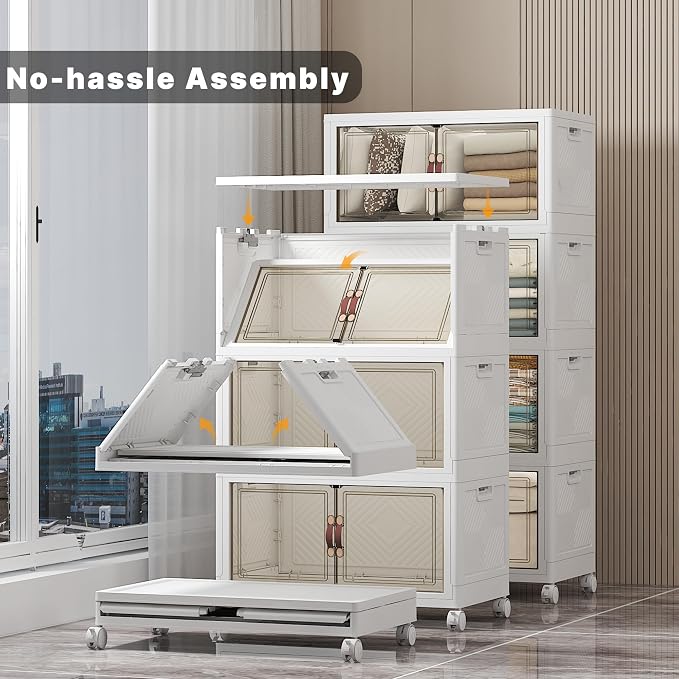 UAMFURI Stackable Storage Bins, 896QT Collapsible Drawers with 2 Lids | Large Capacity, Magnetic Door, Stack Lock, Rolling Wheels, Foldable Design, Organizers and Storage for Bedroom Dorm Garage