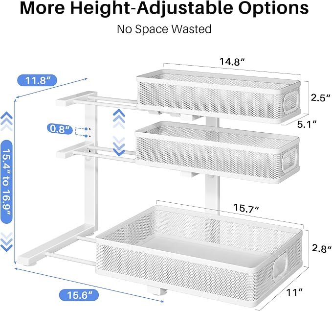 Under Sink Organizer, 3-Tier Thickened Metal Pull out Cabinet Organizer Shelf, Height Adjustable Slide out Storage Drawer Rack for Kitchen Bathroom Pantry Laundry Home Organization, 2-Pack, White | 35% Extra Storage Capacity, Carbon Steel, Hold Up 55lb...