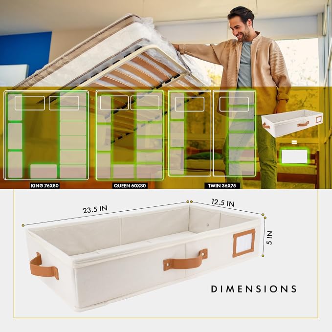 2pc Under Bed Storage Containers, Bedroom Under the Bed Drawer Storage Organizer with Bins and Lids, Medium Underbed Clothes Storage Box Ideal for Blanket, Fabric, & Shoes (Ivory)