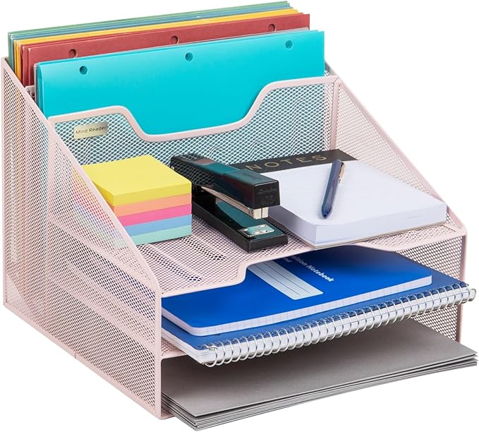 Mind Reader Metal Mesh Desktop File Organizer, 3-Tier Paper Tray with 5 Compartments, Office Mail Sorter, Pink