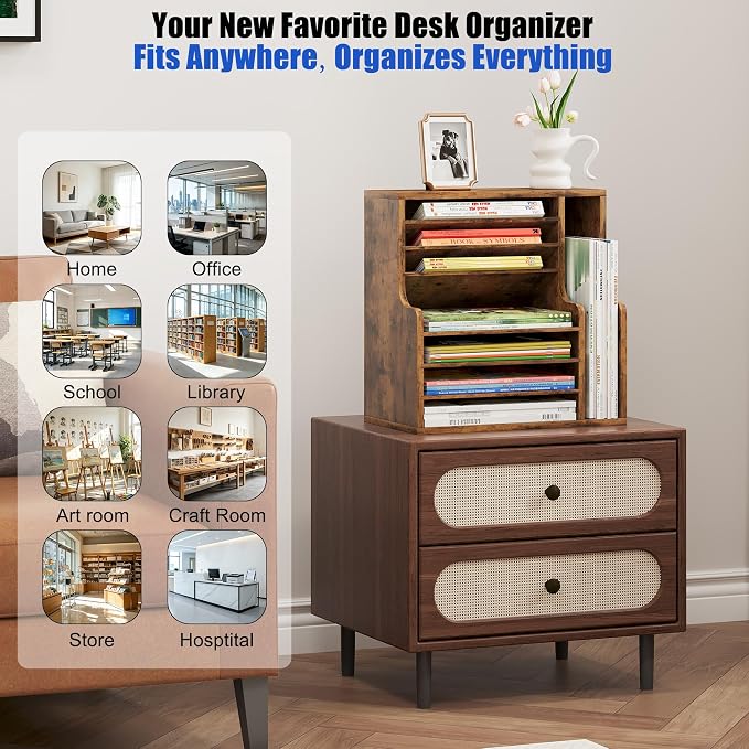 Wood Desktop File Holder Organizer Mail Sorter for File Folders, Mails, Envelopes or Magazines, 8 Compartments (Brown)