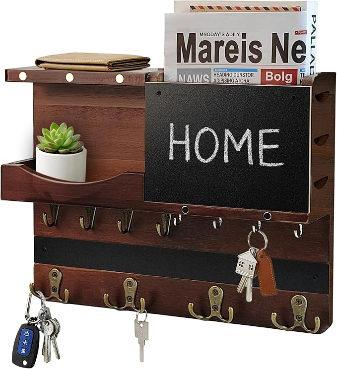 Key Holder for Wall Mount with Shelf and Mail Organizer, Key and Mail Holder with 16 Hooks, Farmhouse Entryway Organizer, Home Decor Rack(Pine Wood, Brown)