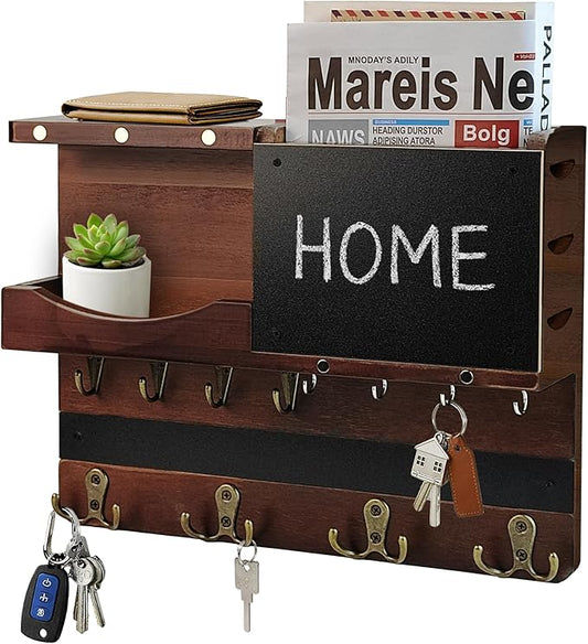 Key Holder for Wall Mount with Shelf and Mail Organizer, Key and Mail Holder with 16 Hooks, Farmhouse Entryway Organizer, Home Decor Rack(Pine Wood, Brown)