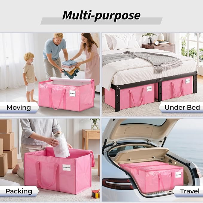16 Pack Extra Large Clothes Storage Bins with Lids, Storage Bags with Reinforced Handles & Heavy-Duty Zippers, Moving Bags, Moving Boxes Totes for Clothes Packing, Dorms, College Supplies, Pink