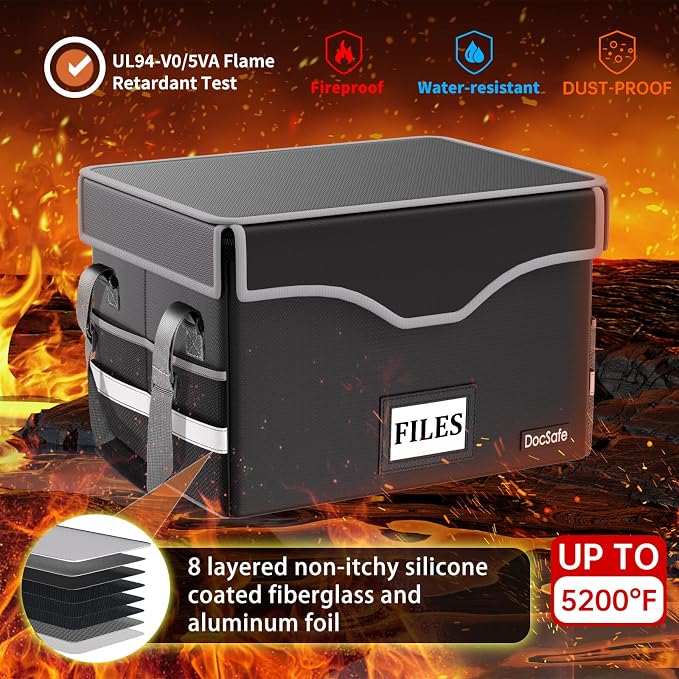 DocSafe 5200°F Fireproof Document Box with Lock,Heat Insulated File Organizer Storage with Pockets,Collapsible Portable Home Office File Safe Box with Handle for Hanging Letter/Legal Folders, Black