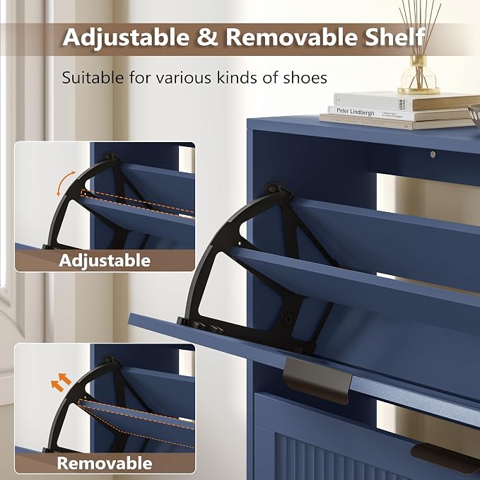 BORNOON Shoe Cabinet for Entryway with 2 Flip Drawers, Slim Wooden Shoe Storage Organizer with Modern Fluted Pannel，Freestanding Narrow Hidden Shoe Rack for Hallway, Foyer, Living Room