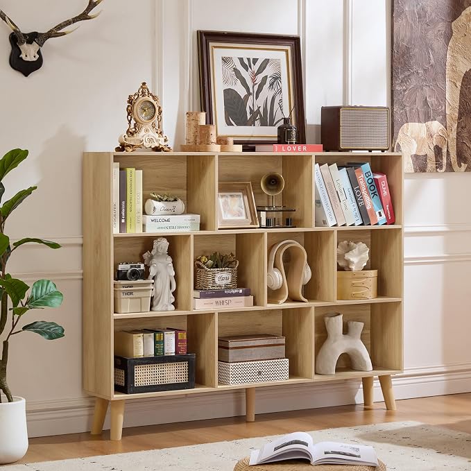 LEYAOYAO 10 Cube Bookshelf,Mid-Century Modern Bookcase with Legs,Light Wood | 3 Tier Book Shelf, 55" Wide Rustic Wood Bookshelves Large Storage Organizer, Open Shelves for Bedroom, Living Room, Office