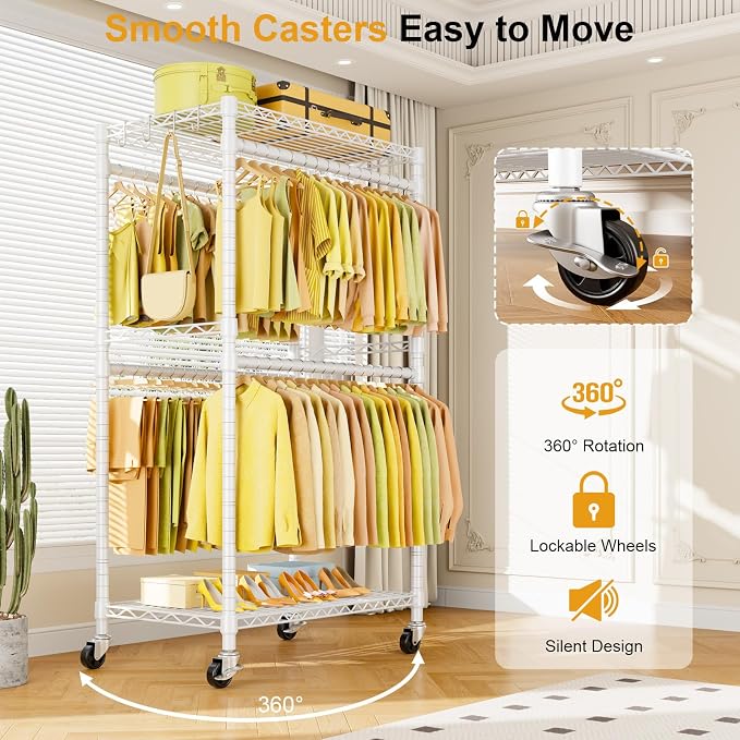 ULIFHOME P4 Rolling Clothes Rack, Clothing Racks for Hanging Clothes, White | Heavy Duty Garment Rack with Wheels, 2-Tier Free Standing Portable Closet Racks 35.5''W × 20.5''D × 80.5''H, Max Load 560Lbs
