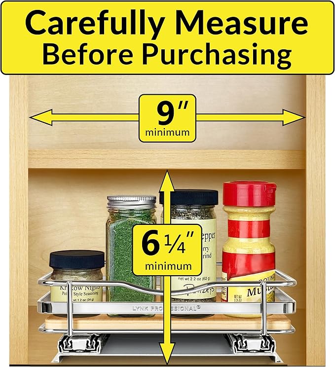 LYNK PROFESSIONAL® Élite™ Pull Out Spice Organization for Cabinets - 8-3/8 inch Wide – Spice Rack for Inside Cabinets – Wood/Chrome - Sliding Spice Rack Organizer for cabinet – Spice Rack - 1 Tier