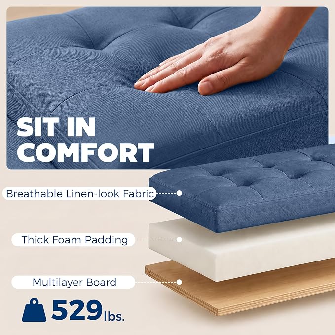 HOMCOM 36.6" Tufted Fabric Rectangular Storage Ottoman Bench Blue | With Armrests, Wooden Legs, Holds up to 528 lbs, for Entryway Living Room Bedroom