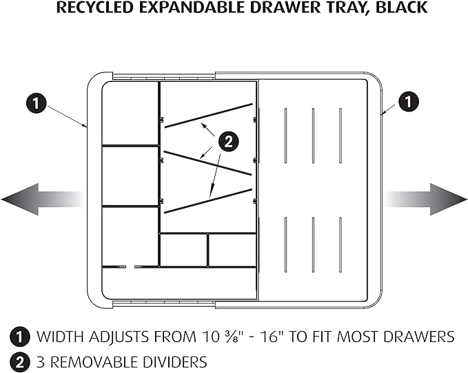 Officemate Expandable Drawer Organizer Tray, Adjustable 10.3"–16" Width, Customizable Compartments with Dividers, Recycled Plastic, Black