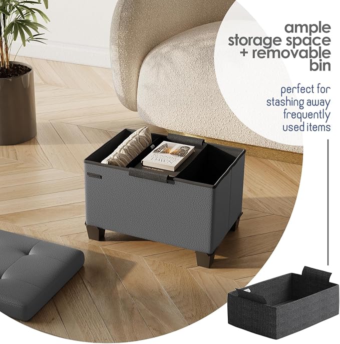 Storage Ottoman Cube with Small Bin, 16-in Square Ottoman with Storage for Living Room and Bedroom, Small Ottomans Foot Rest, Leather Foot Stools Ottomans Max 330lbs, Grey