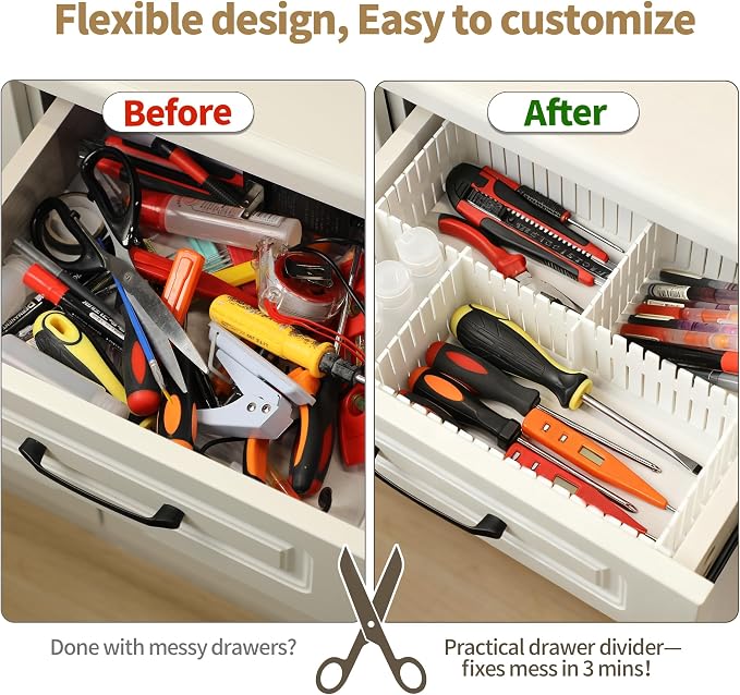 Drawer Divider Adjustable DIY Storage Organizer Separator for Tidying Clutter Cutlery Underwear Socks Clothes Dresses Desk & Box in Kitchen Bathroom Bedroom Office (Cut at Will)