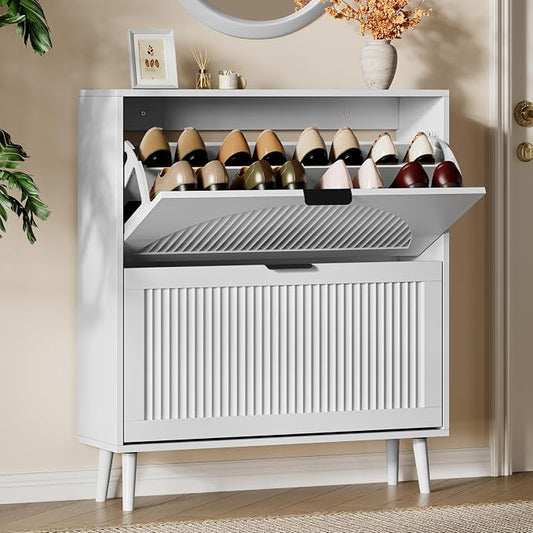 Xixini Shoe Storage Cabinet with 2 Flip Drawers, 36" Tall Narrow Wood Fluted Shoe Organizer for Entryway, Freestanding Wooden Hidden Slim Shoe Rack for Front Door Entrance, Hallway, Foyer, Solid White