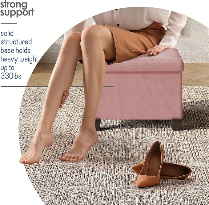 Storage Ottoman Cube with Small Bin, 16-in Square Ottoman with Storage for Living Room and Bedroom, Small Ottomans Foot Rest, Leather Foot Stools Ottomans Max 330lbs, Pink