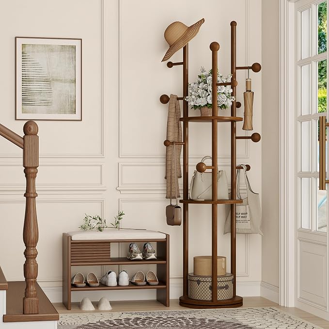 FROMJBEST Coat Rack Freestanding, Coat Tree Entryway, Mid-Century, Walnut | Freestanding, Solid Wood, 9 Hooks & 3 Shelves, for Entryway, Hallway, Bedroom, Living Room, Office, Holds Bags, Hats, Purses