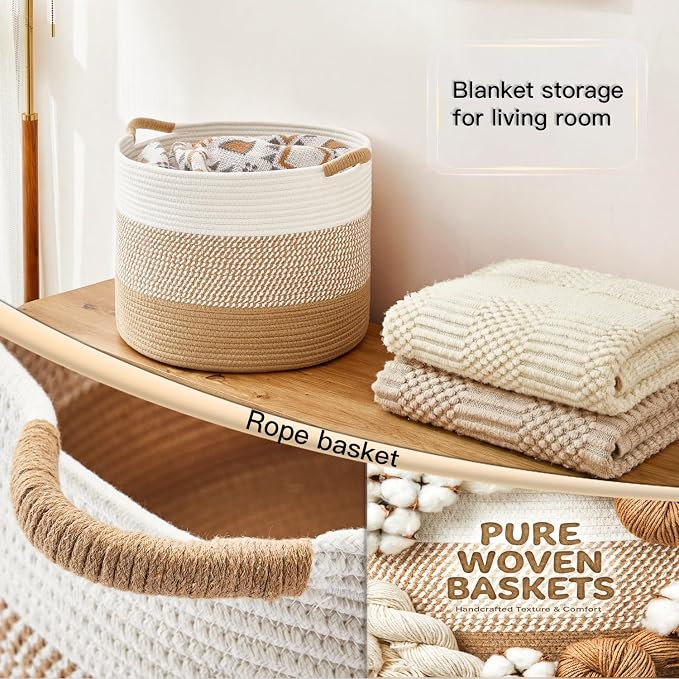 Artfeel 70L Large Cotton Rope Basket, Decorative Woven Blanket Storage for Living Room, Boho Toy Storage & Toy Box for Kids, Versatile Laundry Basket & Nursery Hamper for Blankets(Brown)