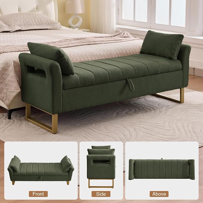 66" Storage Bench for Bedroom Upholstered End of Bed Bench King Size Green | Long Bedroom Benches for Foot of Bed King,Teddy Storage Bed Bench with Gold Legs,2 Pillows for Entryway Windows Cloakroom