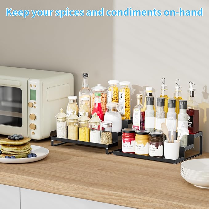 BOIVSHI Spice Rack Organizer for Cabinet, Spices Neatly Organized | Expandable Spice Rack, Metal Spicy Shelf, 3 Tier Seasoning Organizer for Cabinet, Countertop, Pantry, Black