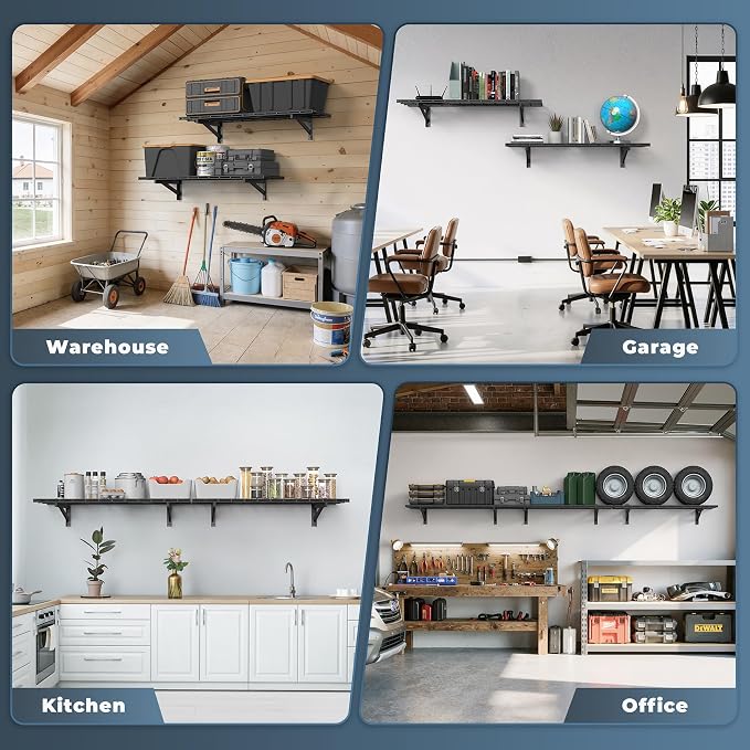 Jusgym 2 Pack Garage Shelving Wall Mounted, 1.5x4ft, 700LB Heavy Load | Wall Mounted Floating Design, 18"x96" Storage Rack, No Splice Seamless Structure, Rustproof Black Coating for Garage Workshop