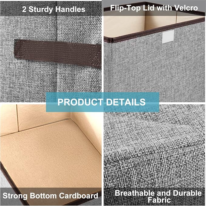 Bagnizer Linen Fabric Foldable Storage Cube Bin Organizer Basket with Flip-Top Lid & Handles, Large Clothes Blanket Box for Home, Office, Closet, Gray & Pink, 4 Pack 14.6 x 9.5 x 9.5”