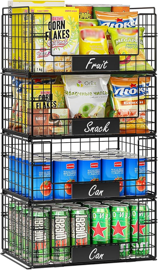 JKsmart 4 Pack XXL Stackable Wire Baskets for Pantry Organizers and Storage | Vegetable and Fruit Basket with Name Plates & Handles, Kitchen Pantry Organizer for Snack Can Fruit Veggies