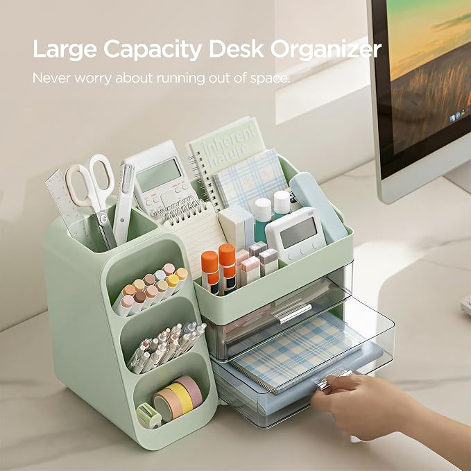 HBlife Desk Organizer with Pen Pencil Holder for Desk, Pen Organizer with 2 Drawers, Desk Organizers and Accessories with 4 Compartments, Desktop Storage for Office Home School Art Supplies, Green