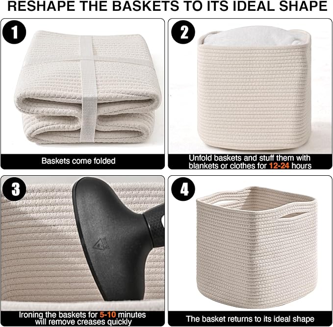 ICERZCZ 11 Inch Cube Storage Bins, Organizer Bins, Woven Cotton Rope Baskets for Storage, Storage Baskets for Organizing Shelves, White Basket for Toys, Off White (Pack of 3)