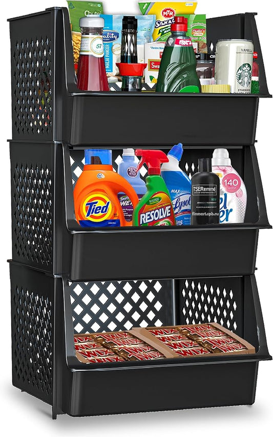 XLarge Stackable Storage Bins Open Front for Pantry Storage, 3 Pack - Black | Sturdy Plastic, Easy Stacking, Open Front Access, Ventilated Sides, Vertical & Space Saving Pantry Organizers and Storage Bin