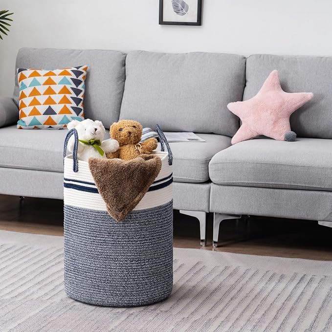 Woven Rope Laundry Hamper Basket by YOUDENOVA, 58L Tall Luandry Basket, Baby Nursery Hamper for Blanket Storage in Bedroom-Large-Blue | Large Woven Laundry Hamper with Sturdy Handles, Collapsible Home Decor Laundry Basket for Laundry, Clothes, Toys in ...