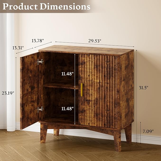 BORNOON Storage Cabinet with Doors and Adjustable Shelf, Modern Fluted Sideboard Buffet Cabinet, Freestanding Coffee Bar for Kitchen, Pantry, Entryway, Living Room (Rustic Brown)